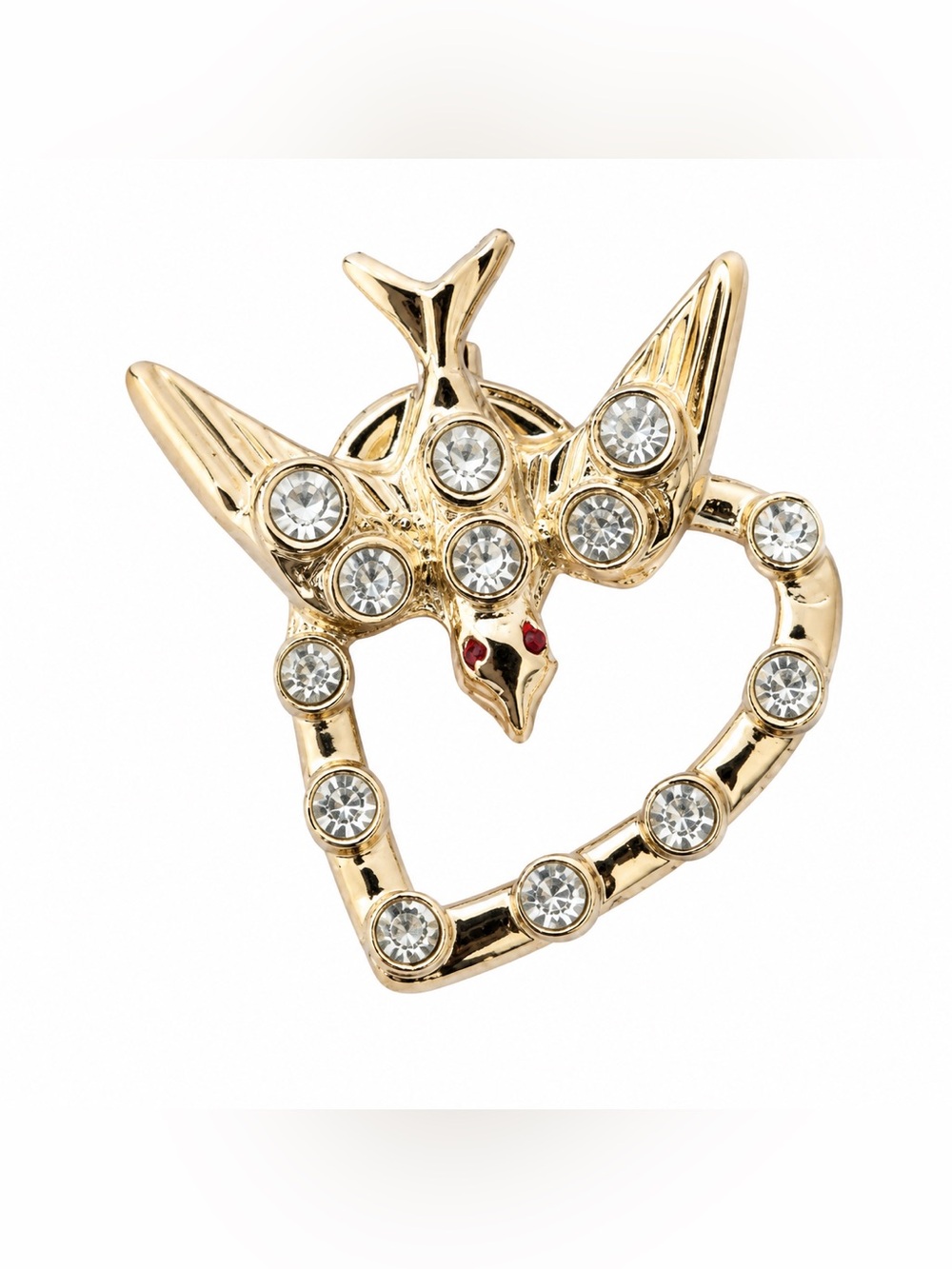 Vintage Heart w/ Red Eyed Sparrow Rhinestone Brooch Pin Goldtone